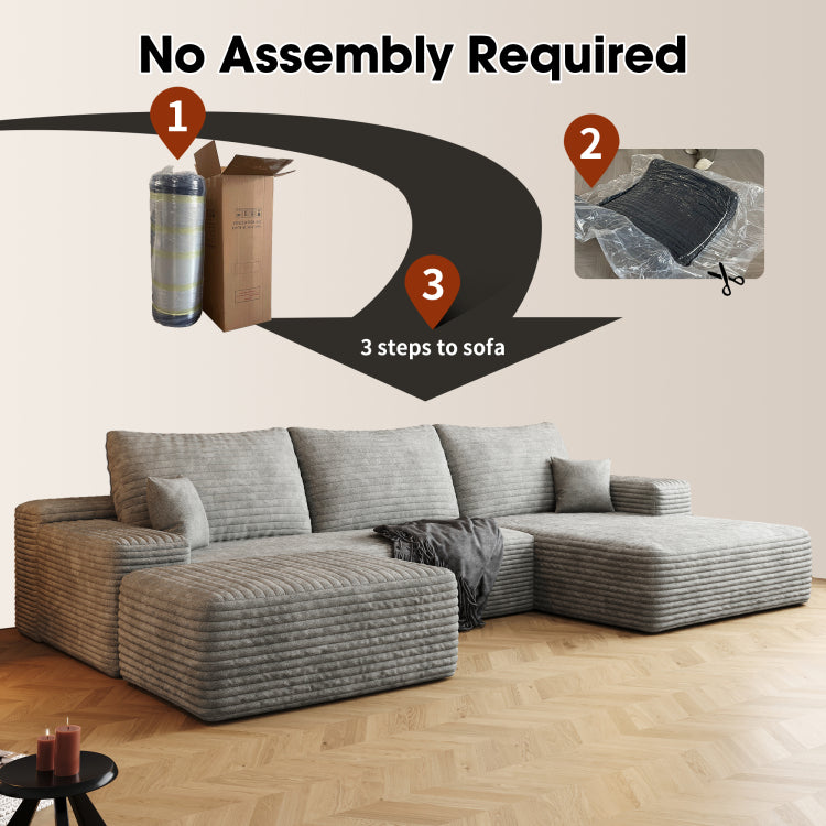 107" Cloud Sectional Sofa With 1 Ottoman,Modern Minimalist Upholstered Couches, Comfort U Shaped Sofa For Living Room,Deep Seat Corner Couch,No Assembly Required,Grey Plush Corduroy Fabric