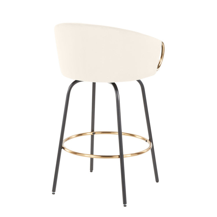 26" Contemporary Fixed Height Counter Stool With Swivel In Black Metal And Cream Velvet With Gold Metal Accents Set Of 2
