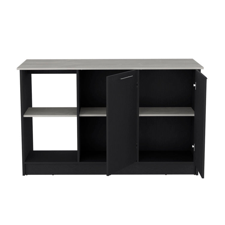 Kitchen Island With Large Countertop, Open Storage Shelves And Double Door Cabinet, Black Onyx