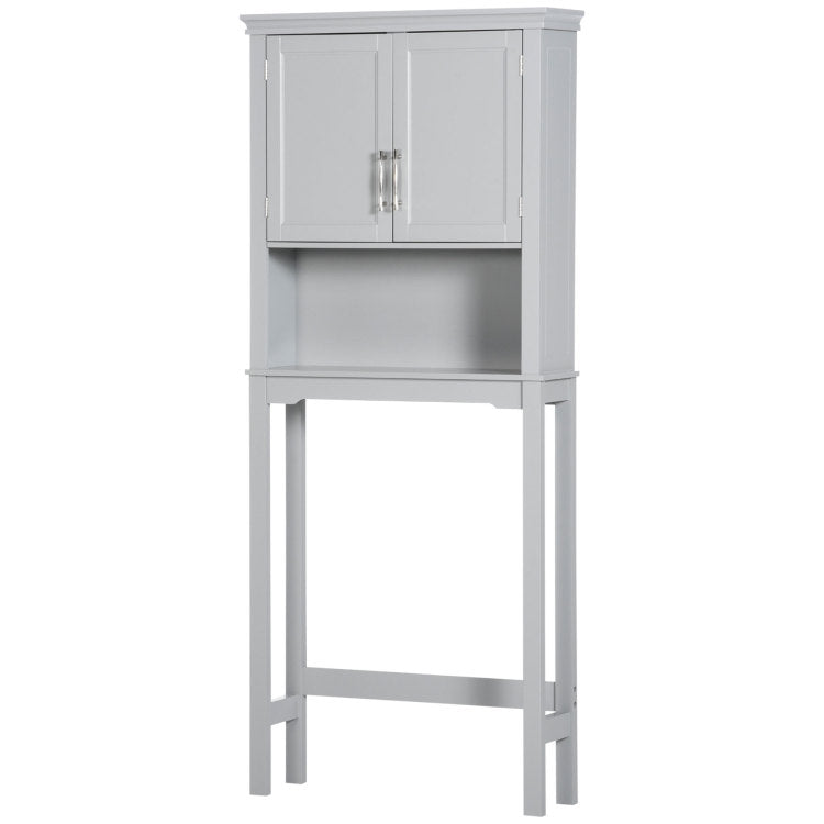 Kleankin Modern Over The Toilet Storage Cabinet, Double Door Bathroom Organizer With Inner Adjustable Shelf And Open Shelf, Grey