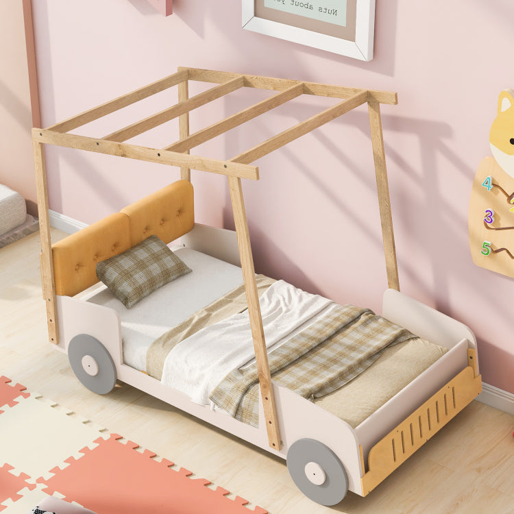 Wood Twin Size Car Bed With Pillow, Ceiling Cloth, Natural