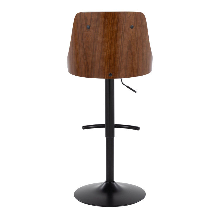 Mid Century Modern Adjustable Barstool With Swivel In Black Metal, Walnut Wood And White Faux Leather With Rounded T Footrest Set Of 2