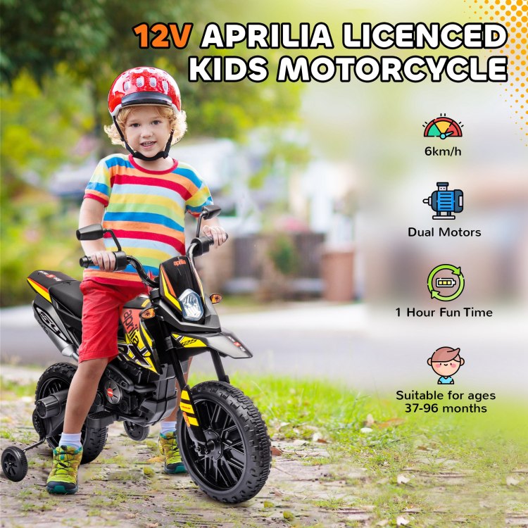 Qaba 12V Kids Motorcycle, Aprilia Licenced Electric Motorcycle For Kids With Training Wheels, Spring Suspension, Led Light, Usb, Music, Battery Powered Electric Dirt Bike For Boys Girls, Yellow