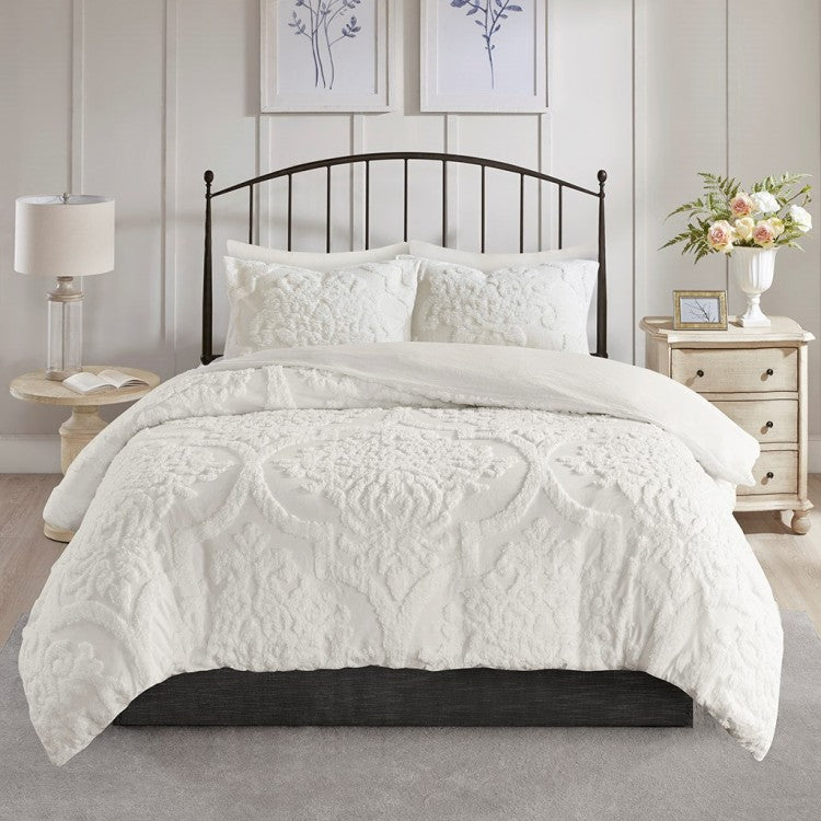 Full Queen 3 Piece Tufted Cotton Chenille Damask Duvet Cover Set