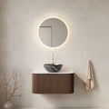Dina 30" Bathroom Vanity With Sink, Wall Mounted Curved Edges Striped Bathroom Storage Cabinet With Drawer, Black Bowl Ceramic Basin With Stone Pattern, Pre Assembled, Dark Walnut Woodgrain Color