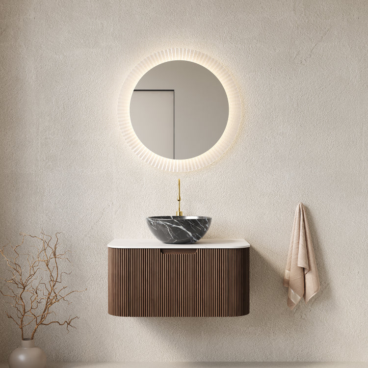 Dina 30" Bathroom Vanity With Sink, Wall Mounted Curved Edges Striped Bathroom Storage Cabinet With Drawer, Black Bowl Ceramic Basin With Stone Pattern, Pre Assembled, Dark Walnut Woodgrain Color