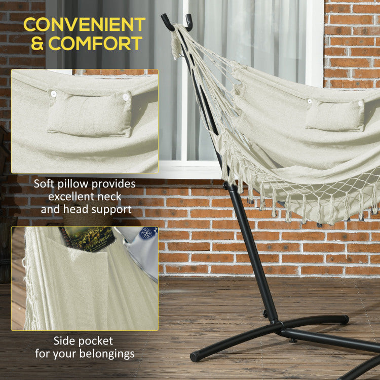 Outsunny Patio Hammock Chair With Stand, Outdoor Hammock Swing Hanging Lounge Chair With Side Pocket And Headrest, Cream White