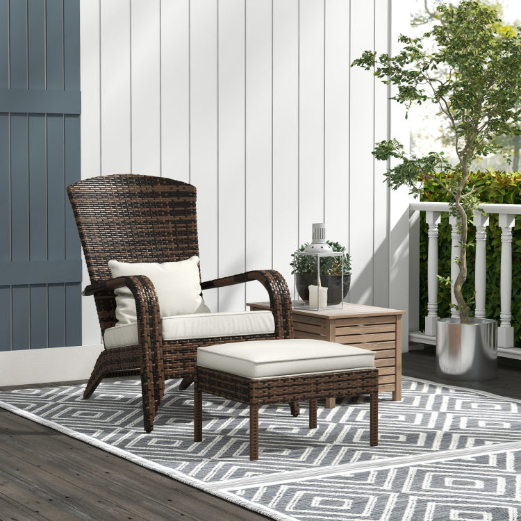 Outsunny Patio Wicker Adirondack Chair With Ottoman, Outdoor Fire Pit Chair With Cushions, High Back, Large Seat & Armrests For Deck, Garden & Backyard, Cream White