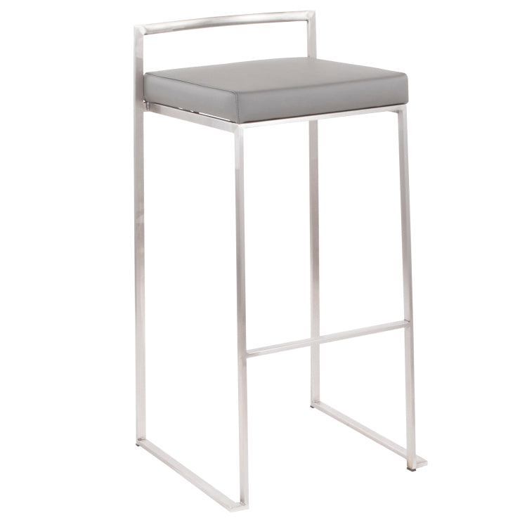 30" Contemporary Stackable Barstool In Stainless Steel With Grey Faux Leather Cushion Set Of 3