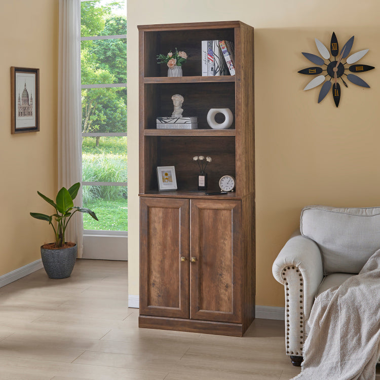 1 Doors Bookshelf With Usb Port And 3 Open Shelves Bookcase Side Cabinet Storage Shelves, Rustic Brown