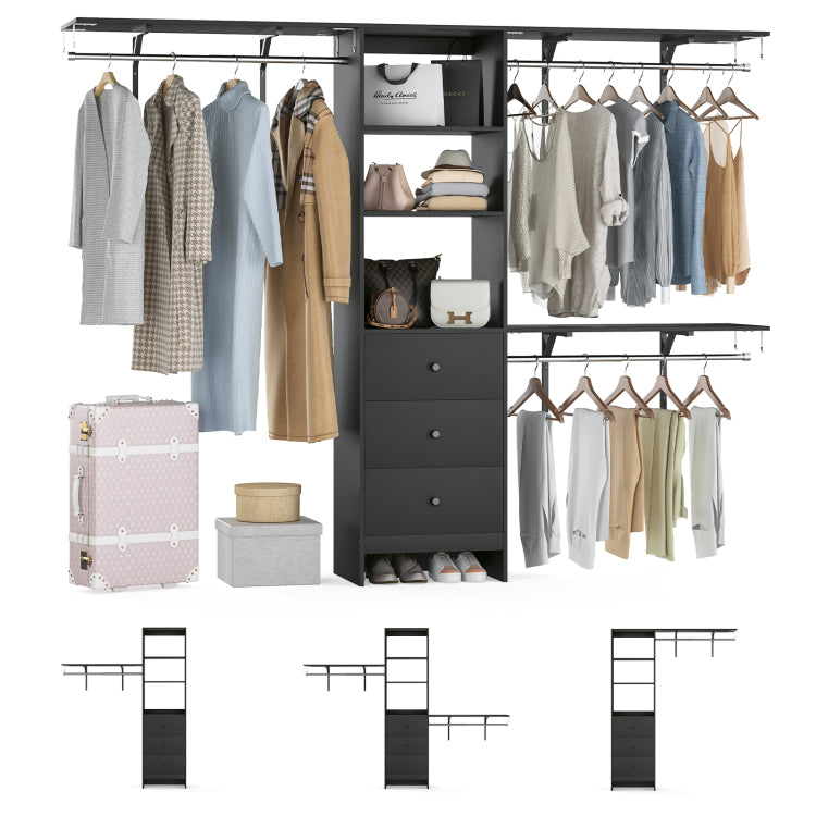 Closet Organizer High Capacity Wardrobe Rack With 3 Drawers, Shelves & Expandable Hanger Rods, Fits 6 9 Ft Spaces, Durable & Stylish 96" L X 16" W X 75" H, Supports Up To 1000 Lbs