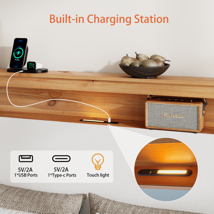 Full Wooden Bed Stand With Charging Station Storage Headboard: This Rustic Farmhouse Bed Frame With Storage Headboard Comes With A Built In Charging Station That Is Simple To Install And Easy To