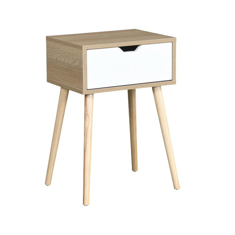 Side Table With 1 Drawer And Rubber Wood Legs, Mid Century Modern Storage Cabinet For Bedroom Living Room Furniture, White With Solid Wood Color