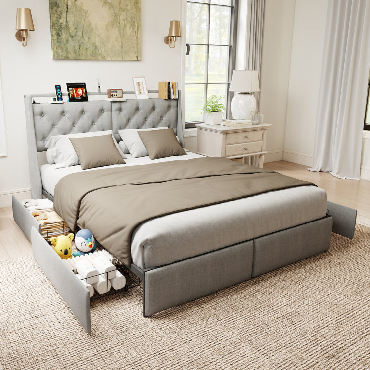 King Metal Platform Bed Frame Grey, Storage Headboard With Rgb Led & Charging Station