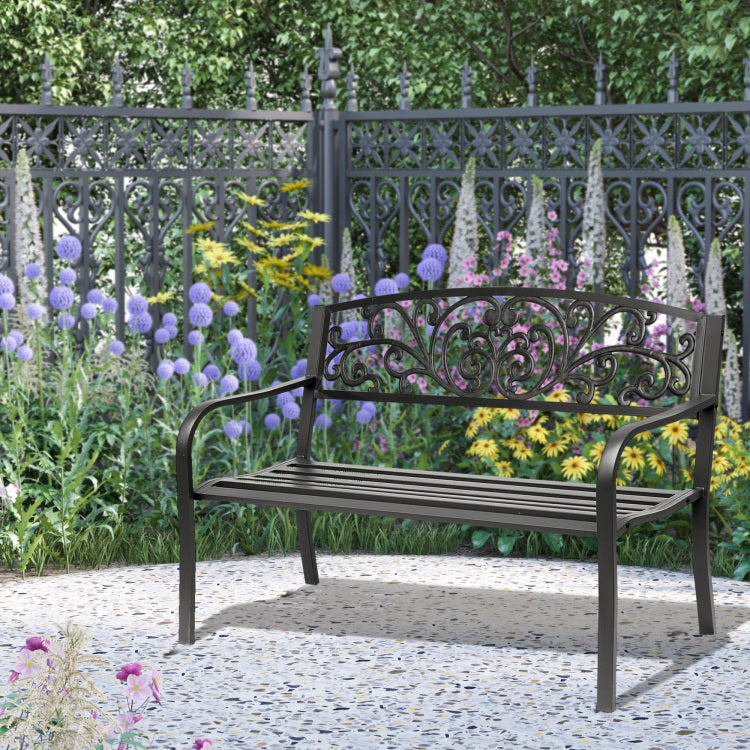 Outsunny 50" Outdoor Bench, Metal Garden Bench With Floral Pattern Backrest, Porch Bench With Slatted Seat For Park, Yard, Lawn, Black