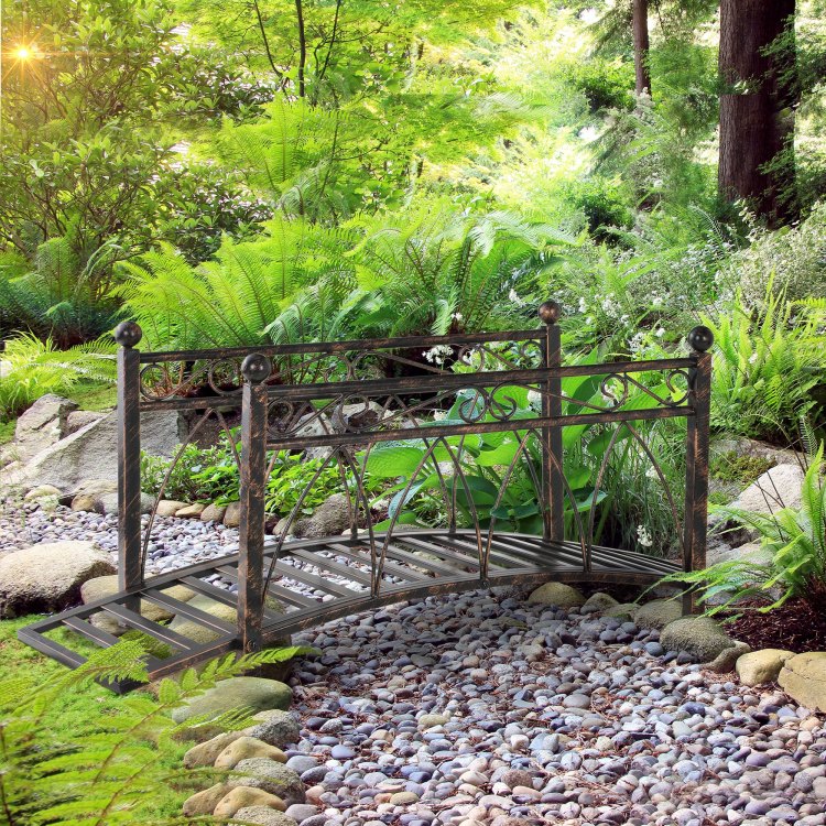 Outsunny 3.3' Metal Arch Zen Garden Bridge With Safety Siderails, Decorative Footbridge, Delicate Scrollwork & Corner Spheres For Stream, Fish Pond, Bronze