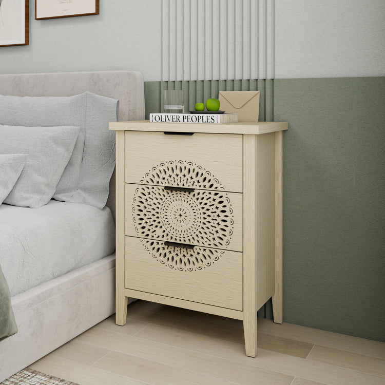 Hollow Carved 3 Drawer Cabinet Dresser Storage Chest With Metal Handles For Living Room Bedroom