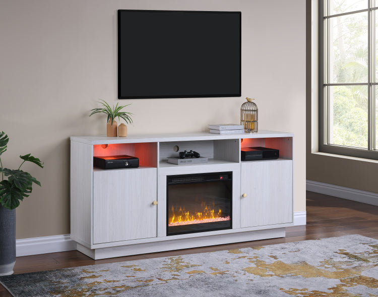 Ambrose 70"W White Walnut Finish Fireplace Console Tv Stand With Heater, Led Light, Cabinets, Shelves