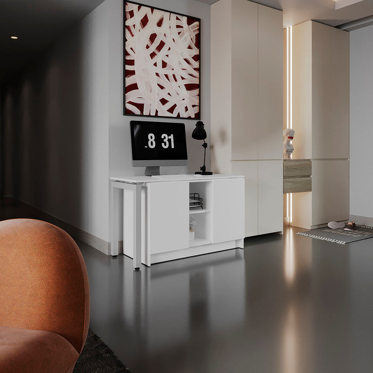 Alfie Rotable Desk 72 Inch Wide Or Compact, Adjustable Workstation In Two Directions With Storage Compartments, For Home Office Or Studio, White