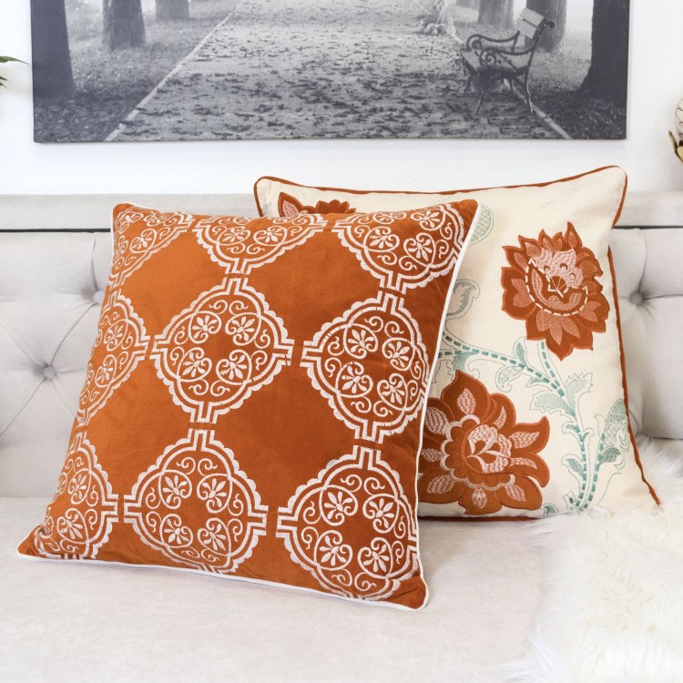 Burnt Orange Damask Embroidered Throw Pillow Boho Geometric Cushion