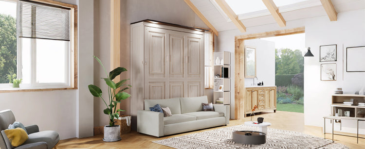 Queen Size Murphy Bed With Sofa And Led, Beige