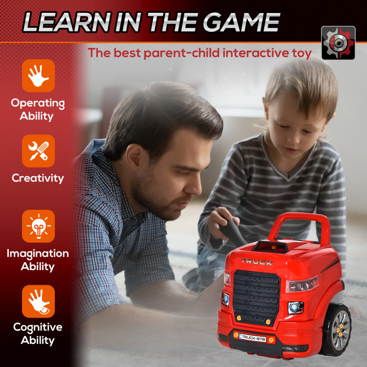 Qaba Kids Truck Engine Toy, Kids Mechanic Car Repair Set, Engine Disassembly Play Workshop, Includes 61 Pieces, Steering Wheel, Horn, Light For 3 5 Years Old, Red