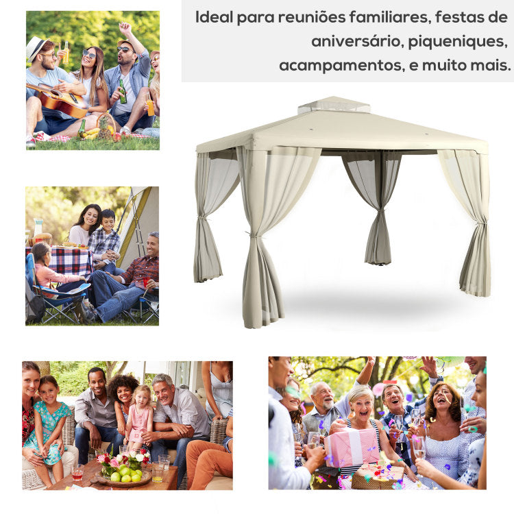 Outsunny 9.6' X 11.6' Patio Gazebo, Outdoor Canopy Shelter With 2 Tier Roof And Netting, Steel Frame For Garden, Lawn, Backyard, And Deck, Cream White