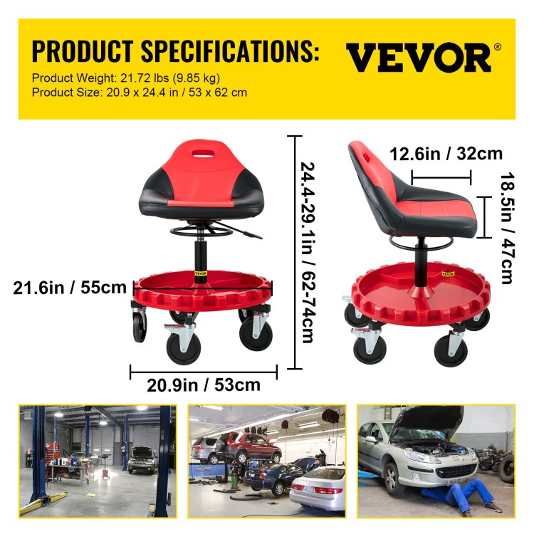 Rolling Gear Seat, 300Lbs Capacity, 18" 23" Height Adjustable, Mobile Mechanic Garage Stool With Tool Tray And 5" Casters, Pneumatic Stool For Workshop, Garage, Auto Repair Shop