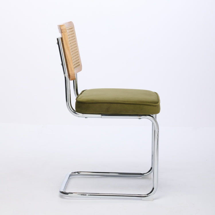Mid Century Modern Dining Chairs Set Of 2, Velvet Accent Chairs With Natural Cane Back & Stainless Chrome Base, Famous Breuer Designed Chairs, Upholstered Rattan Kitchen Chairs,Olive Green
