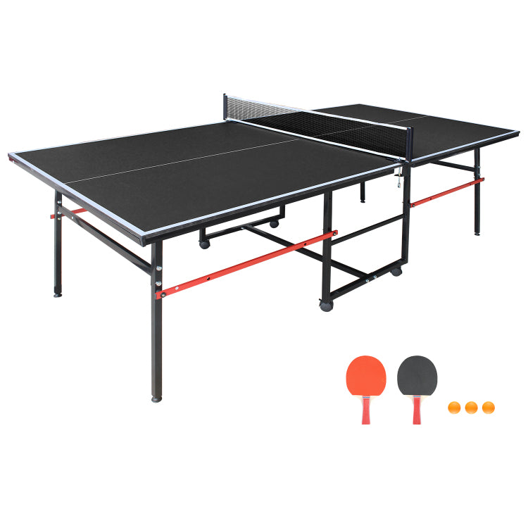 8Ft Black Mid Size Table Tennis Table Foldable & Portable Ping Pong Table Set For Indoor Games With Net, 2 Table Tennis Paddles And 3 Balls