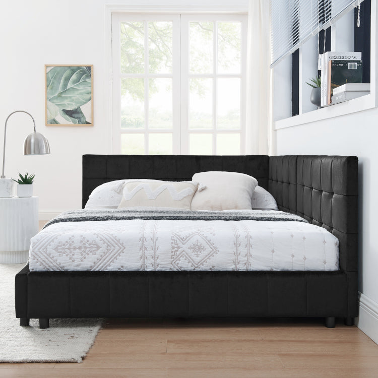 Full Size Upholstered Tufted Bed Frame, Sofa Bed Frame With Comfortable Backrest And Armrests, Full Size Bed For Bedroom, Living Room,Velvet, Black 80.5''*59''*30.5''