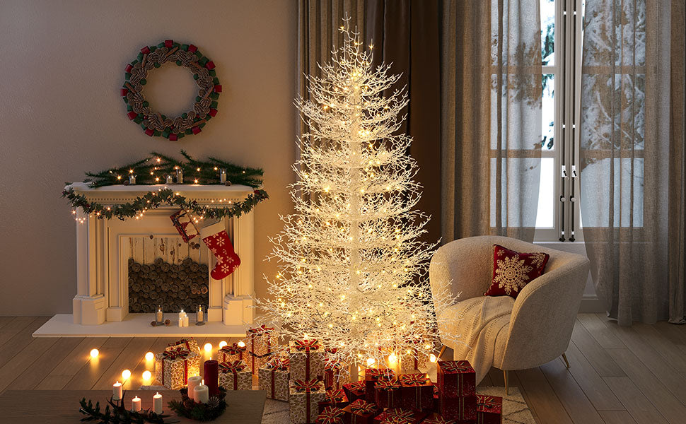 6Ft Pre Lit Aspen Fir Artificial Christmas Tree, Hinged Xmas Tree 623 Snow Flocked Branch Tips, 420 Warm White Led Lights, Holiday Coral Christmas Tree For Home Party