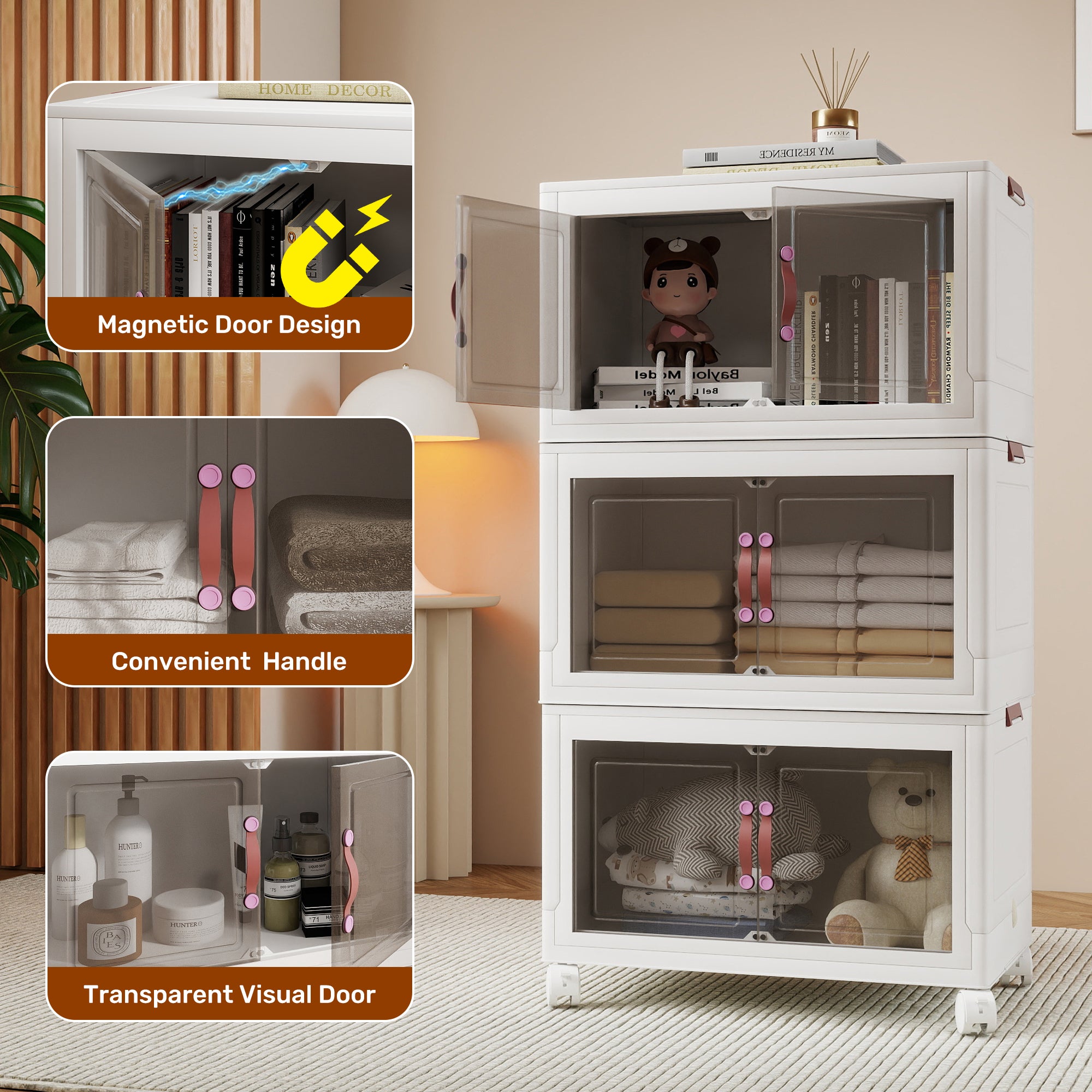 4 Tier Foldable Storage Cabinet Heavy Duty Pp Plastic Collapsible Organizer For Closet, Bedroom, Garage & Dorm, No Tools Needed, Easy To Store