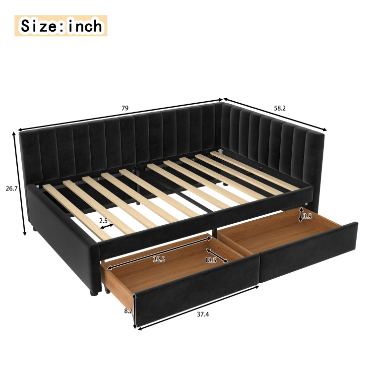 Full Size Daybed With Storage Drawers Upholstered Corner Bed With L Shaped Headboard Velvet Daybed Frame For Living Room Guest Room