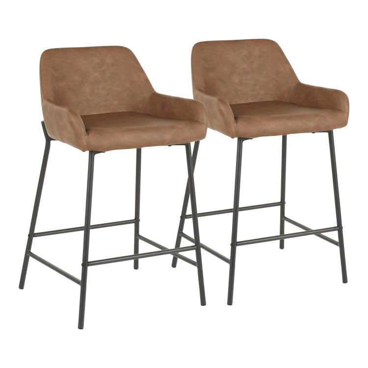 Counter Stool In Black Metal And Espresso Faux Leather Set Of 2