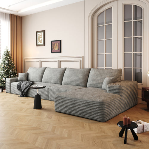 135" Cloud Sectional Couch With L Shape Chaise,Modern Modular Sofa With Deep Seat, Upholstered Couches For Living Room Bedroom,No Assembly Required,Grey Plush Corduroy Fabric