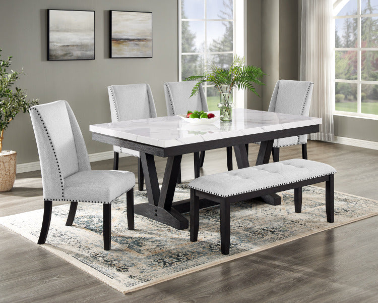 1Pc Transitional Modern Formal Dining Table White Faux Marble Rectangular Table Top Trestle Base Black Finish Legs Wooden Dining Room Furniture