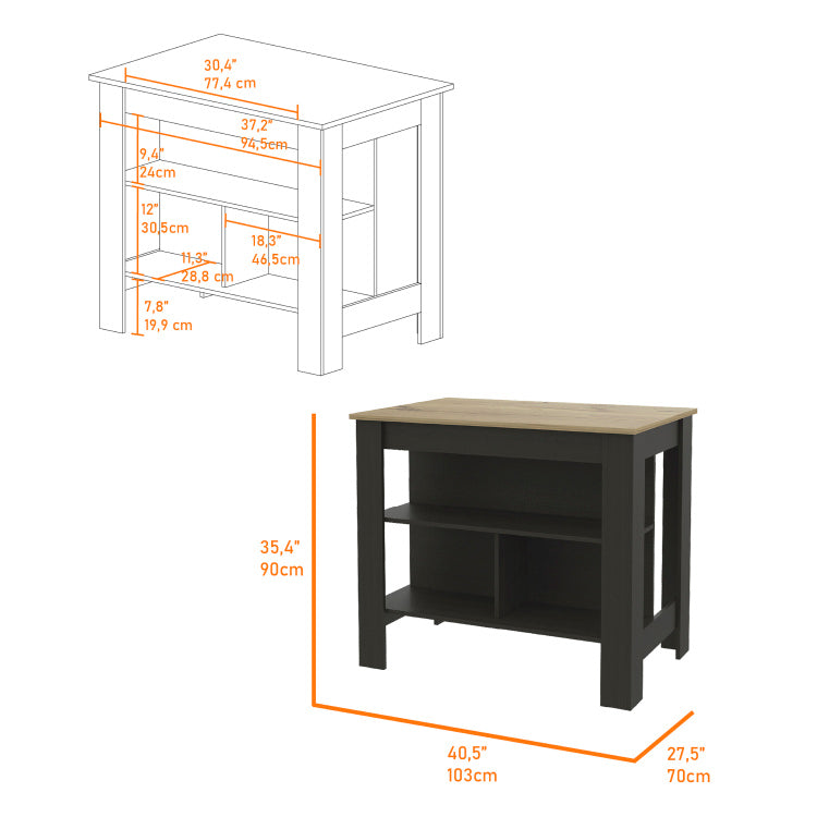 Kitchen Island, Kitchen Table 35" H, Four Legs, Three Open Storage Shelves, Black Light Oak