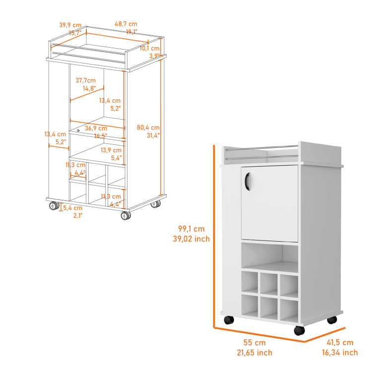 Farson Bar Cart With 2 Side Shelf, 6 Built In Wine Rack And Casters