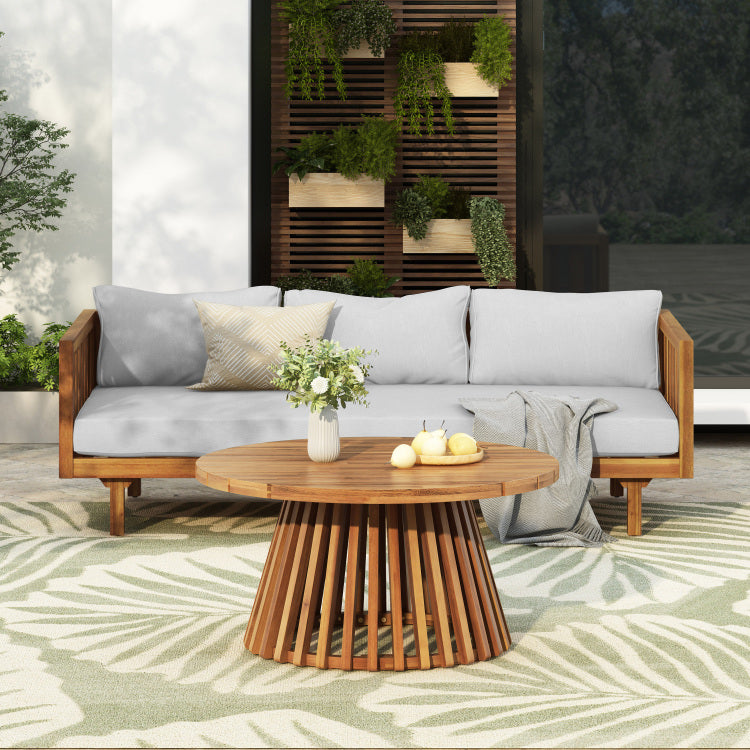 Acacia Wood Patio Furniture Set,Outdoor 3 Seater Daybed With Water Resistant Thick Cushions And Round Coffee Table, Light Gray Cushion