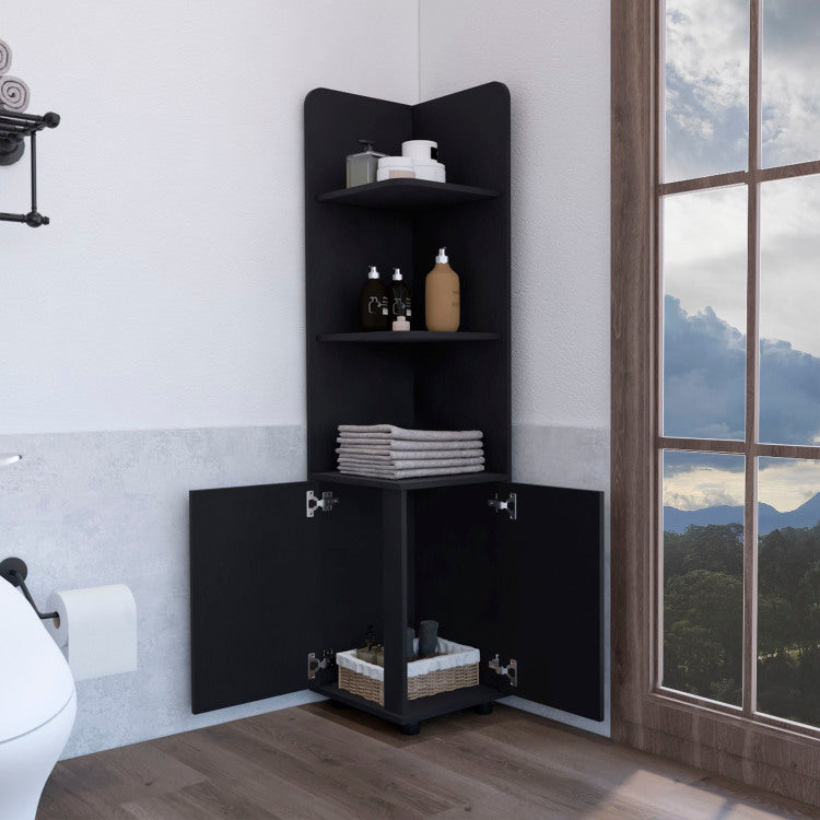 Corner Cabinet 62H" Tall With 3 Tier Shelf And 2 Door, Black