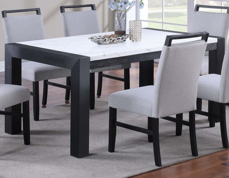Elegant White Faux Marble Top 1Pc Table Charcoal Legs Wooden Dining Table Modern Sleek Two Tone Dining Table