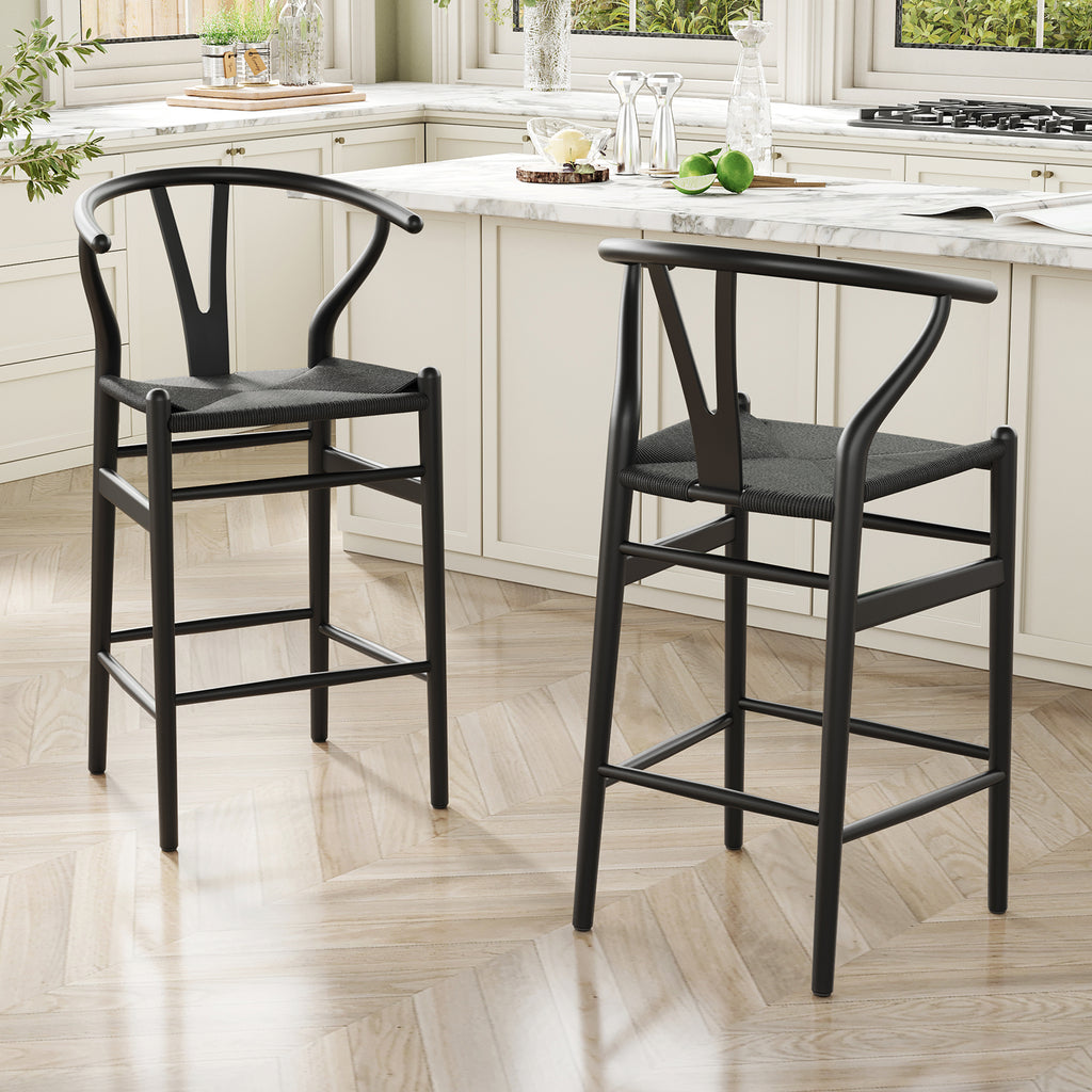 Wishbone Barstool,Weave Counter Height Bar Stools, Fully Assembled Rattan Bar Chairs For Kitchen Island,1Pc,Black