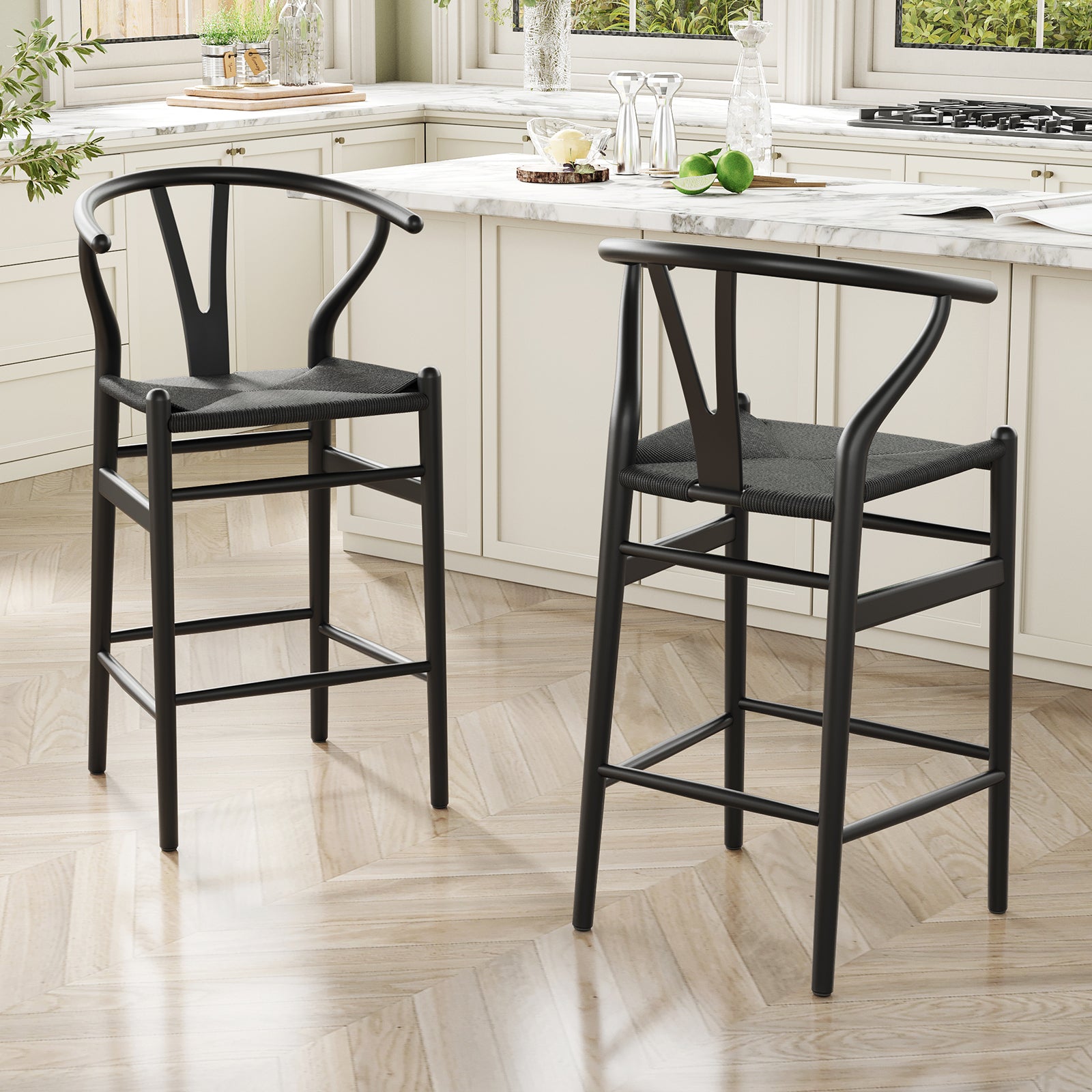 Wishbone Barstool,Weave Counter Height Bar Stools, Fully Assembled Rattan Bar Chairs For Kitchen Island,1Pc,Black