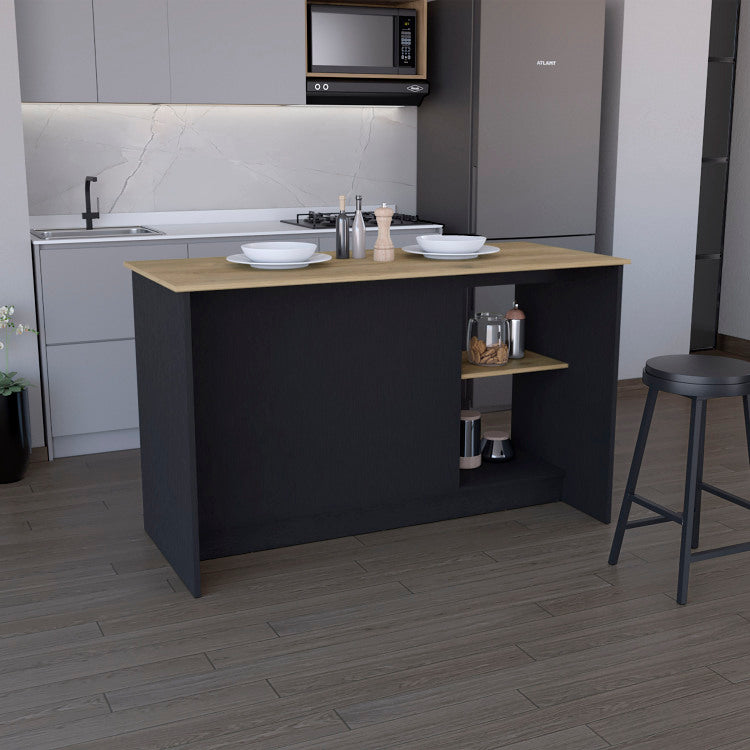 Kitchen Island With Large Countertop, Open Storage Shelves And Double Door Cabinet, Black Macadamia