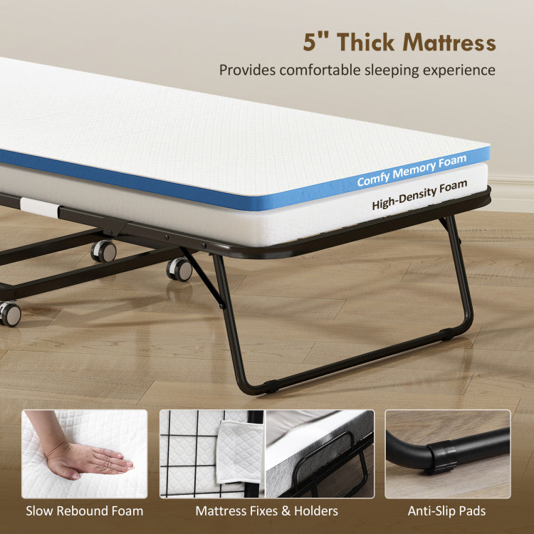 Folding Bed With Mattress For Adults, Single Size, Portable Foldable Bed With Memory Foam Mattress & Steel Frame
