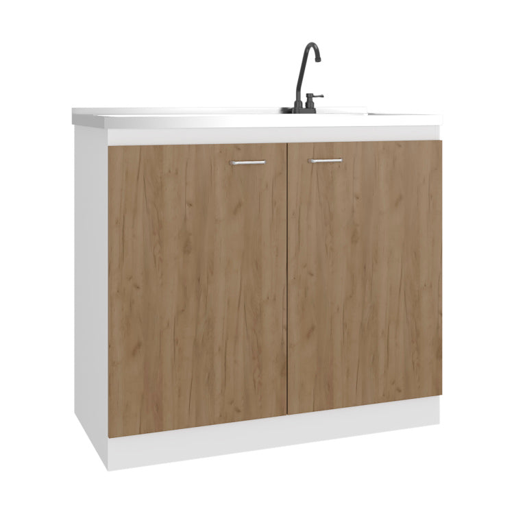 Napoles Utility Sink With Faucet Inclued And Integrated Stainless Steel Counter Top, Freestanding Cabinet With Two Doors, Metal Handles And Two Interior Shelves, Natural White