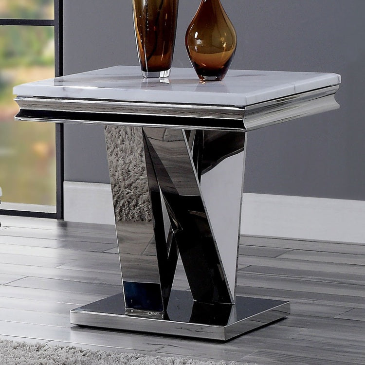1Pc End Table Modern Glam Style 18Mm Faux Marble On Top Rectangular V Shape Pedestal Base Stainless Steel Metal Structure Chroma Finish Coffee Table Not Included