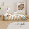 Full Size Floor Platform Bed With Fence And Door For Kids, Montessori Floor Bed Frame With Support Slats For Toddlers, Wooden Floor Bed Natural
