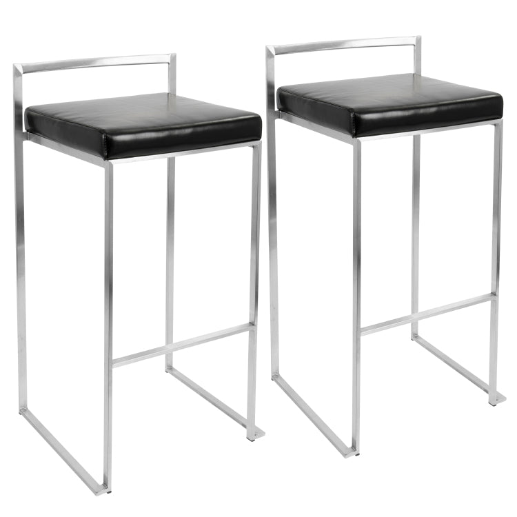 Contemporary Stackable Barstool With Black Faux Leather Set Of 2